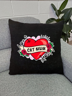 Cat Mum Heart Tattoo Linen Cushion Cover