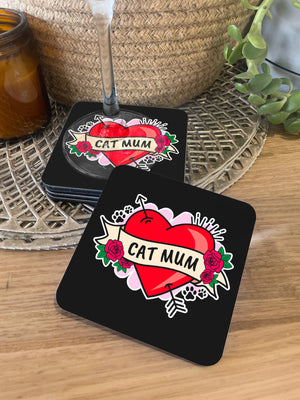 Cat Mum Heart Tattoo Coaster