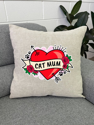 Cat Mum Heart Tattoo Linen Cushion Cover
