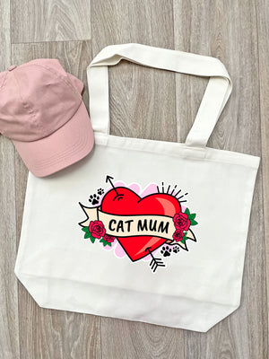 Cat Mum Heart Tattoo Cotton Canvas Shoulder Tote Bag