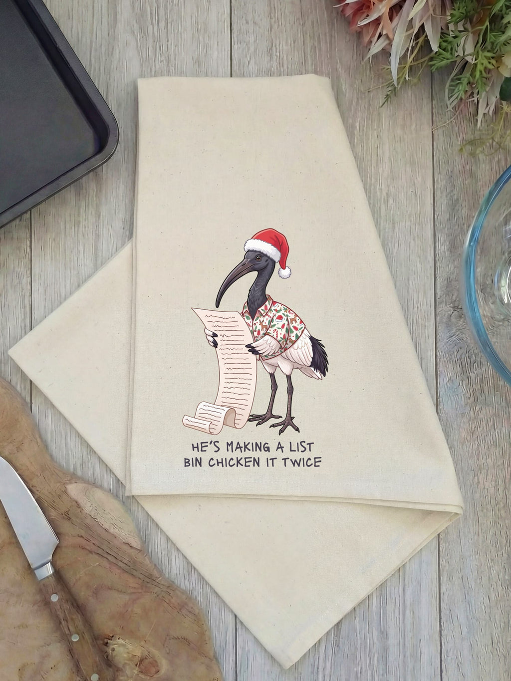 Bin Chicken It Twice Natural tea towel with black lettering
