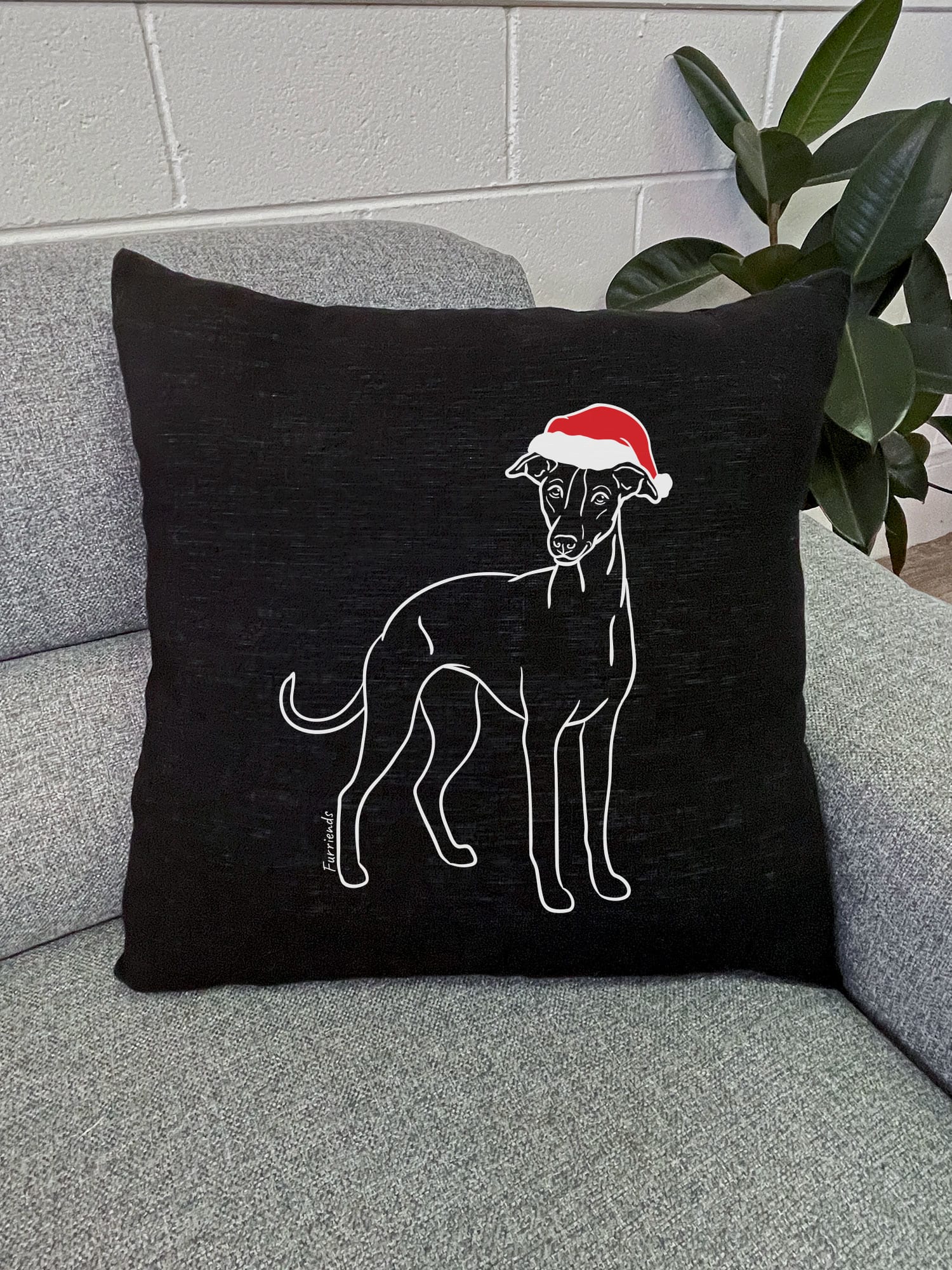 Whippet Christmas Edition Linen Cushion Cover