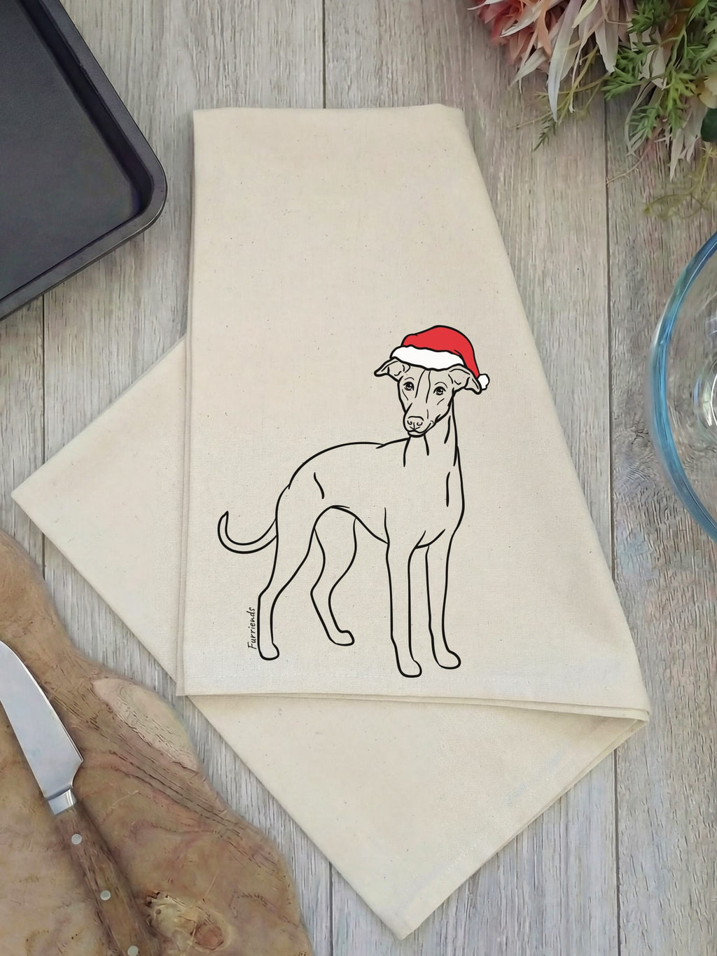 Whippet Christmas Edition Tea Towel