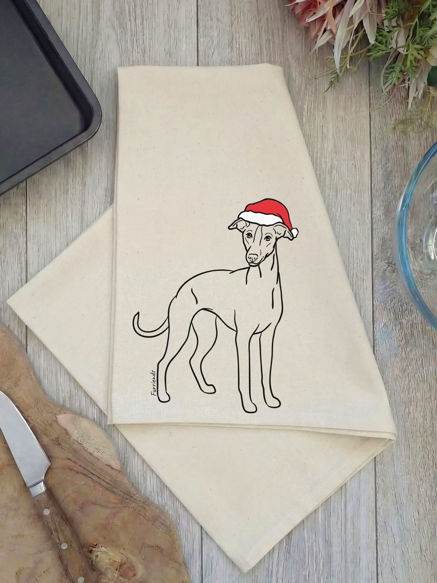 Whippet Christmas Edition Tea Towel