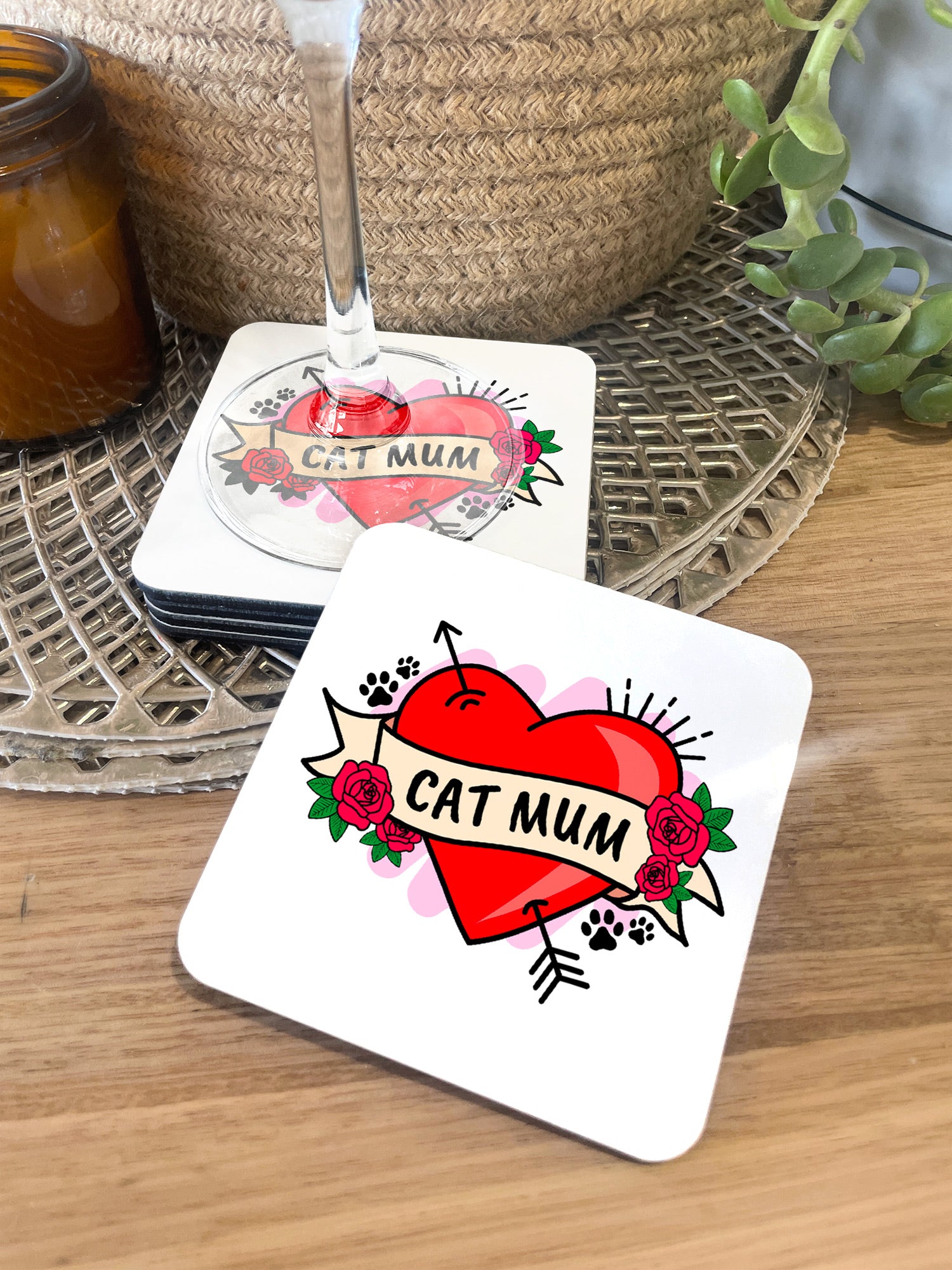 Cat Mum Heart Tattoo Coaster