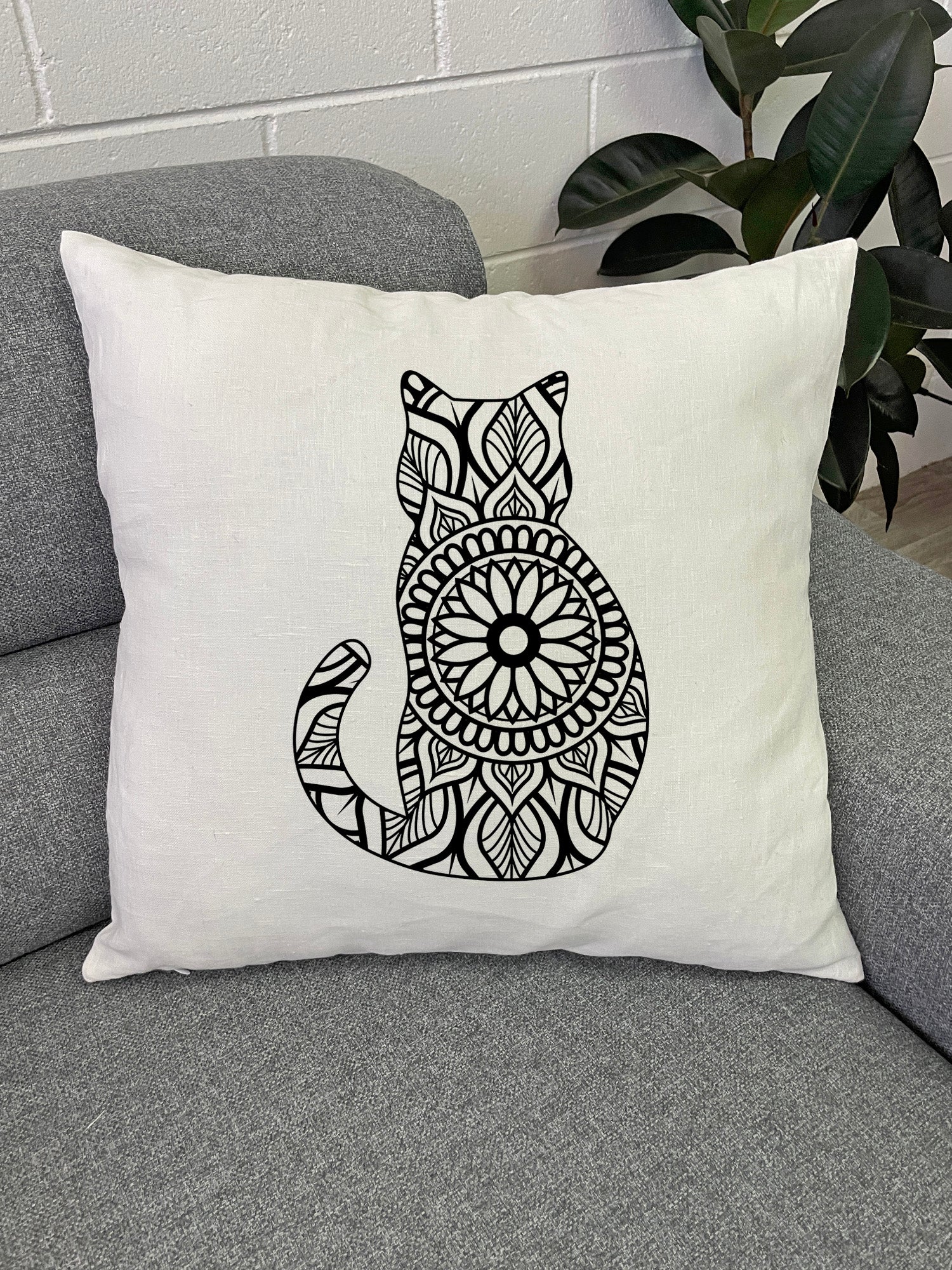 Cat Mandala Linen Cushion Cover
