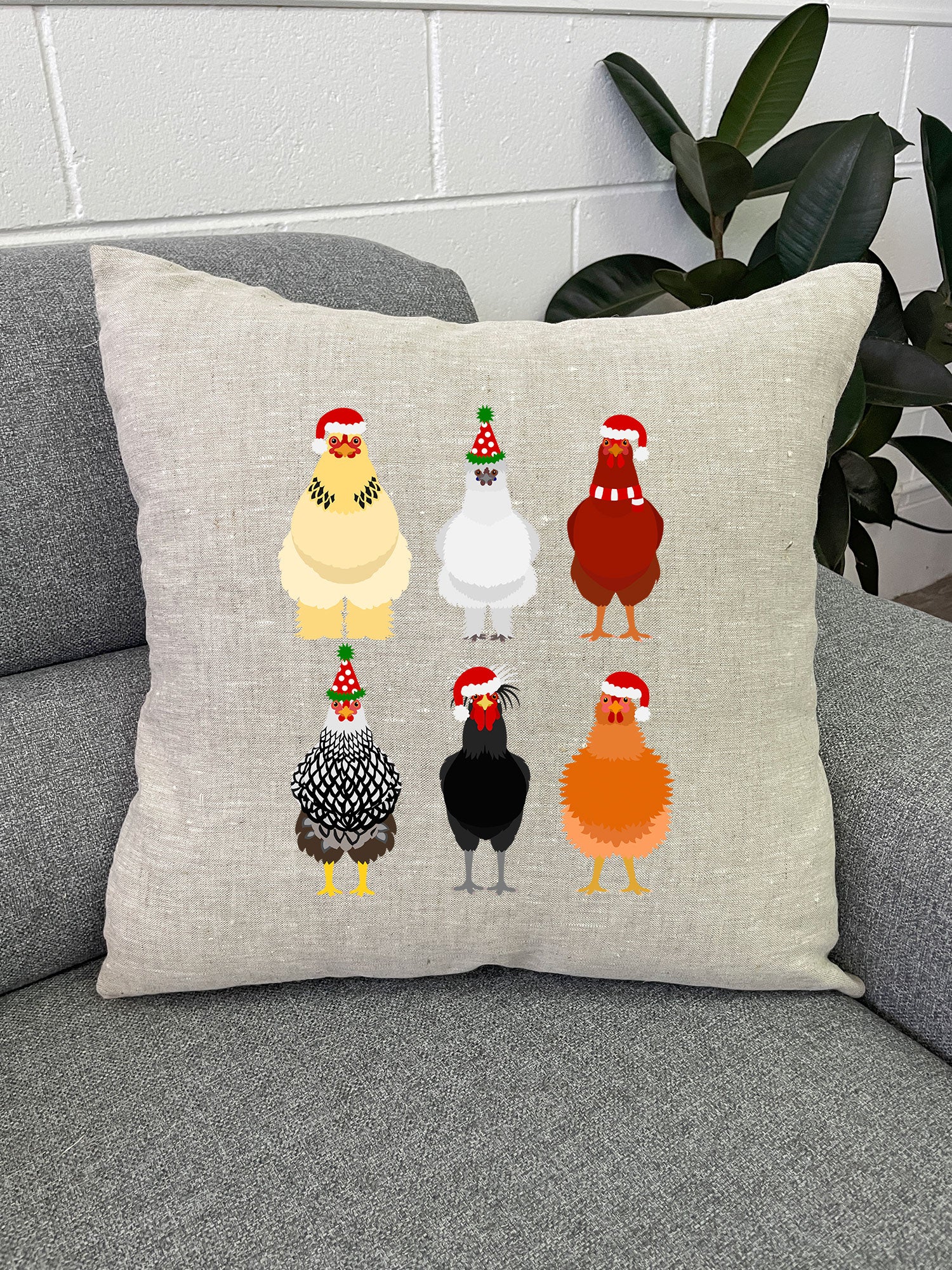 Merry Clucking Christmas Linen Cushion Cover