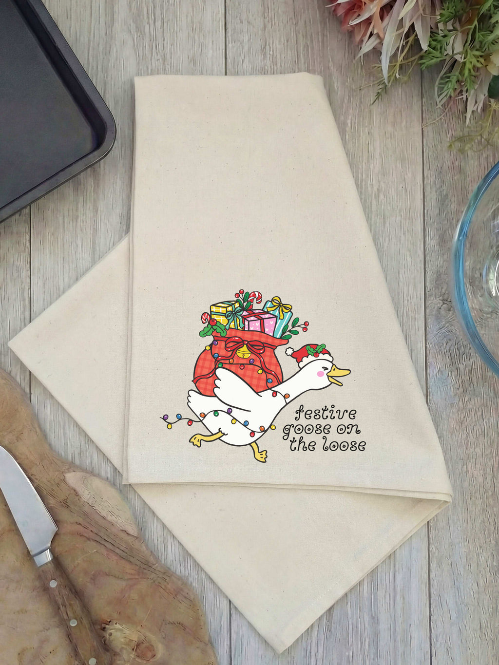 Festive Goose On The Loose Tea Towel