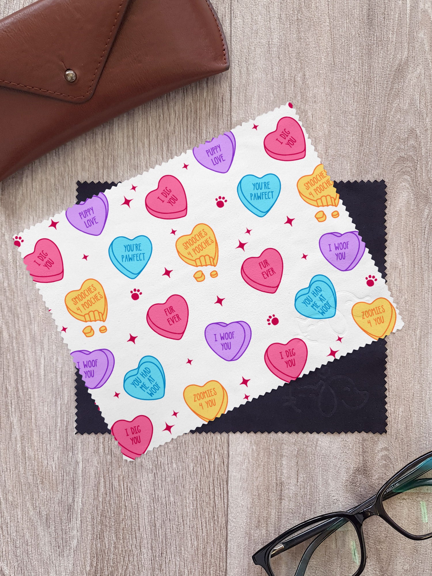 Candy Hearts - Dog Microfibre Suede Glasses Cleaning Cloths (Twinpack)