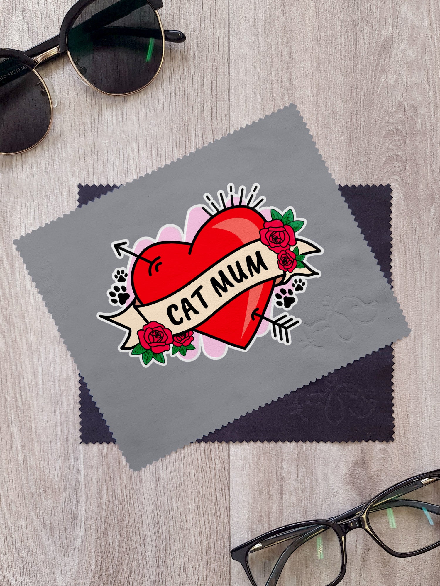 Cat Mum Heart Tattoo Microfibre Suede Glasses Cleaning Cloths (Twinpack)