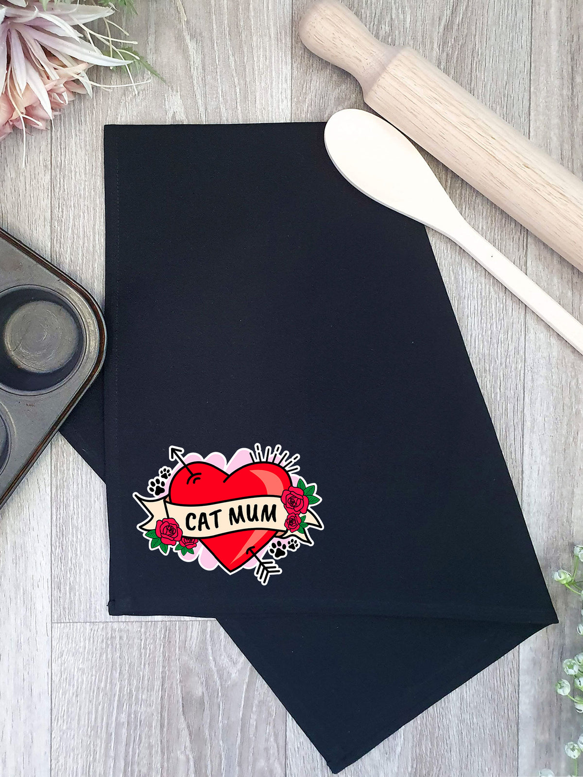 Cat Mum Heart Tattoo Tea Towel