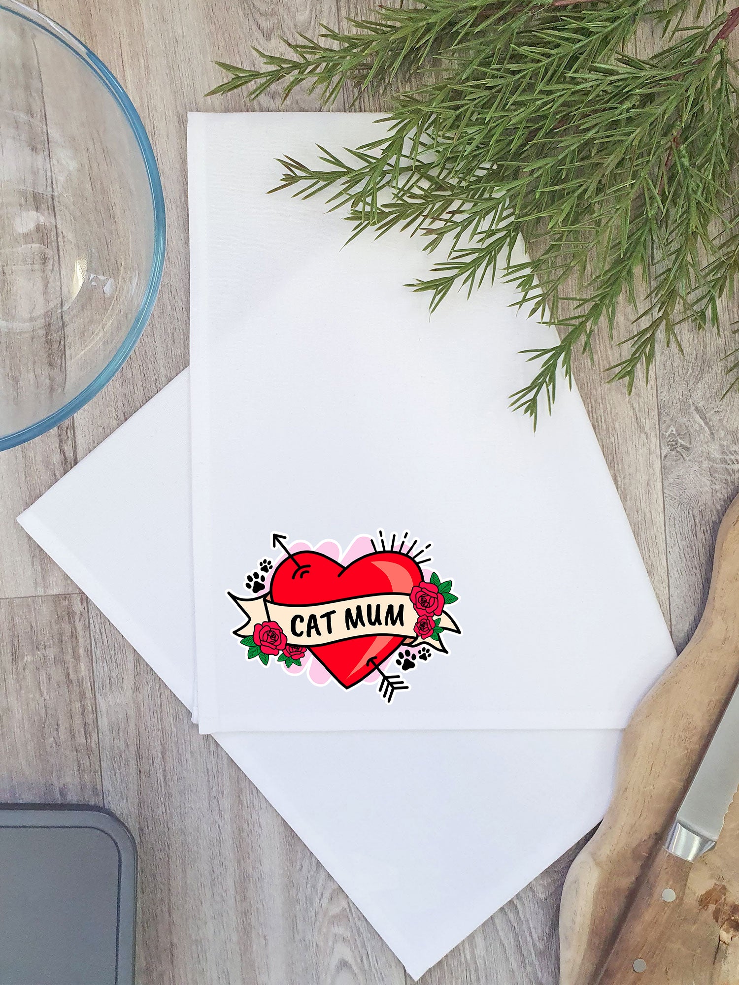 Cat Mum Heart Tattoo Tea Towel