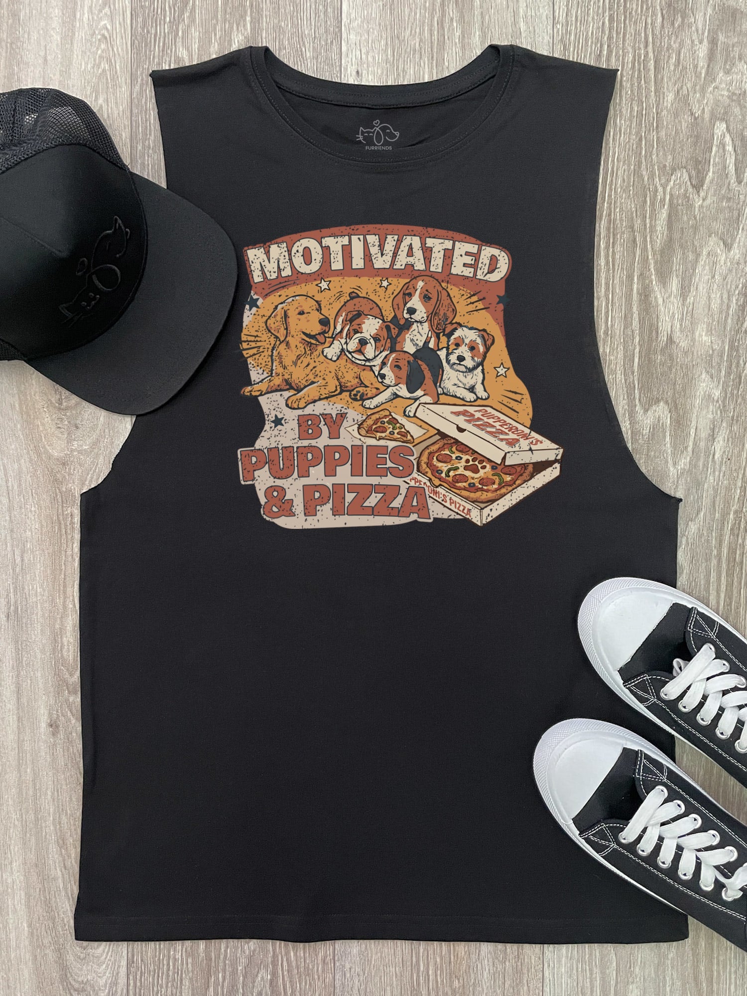 Motivated By Puppies & Pizza Axel Drop Armhole Tank