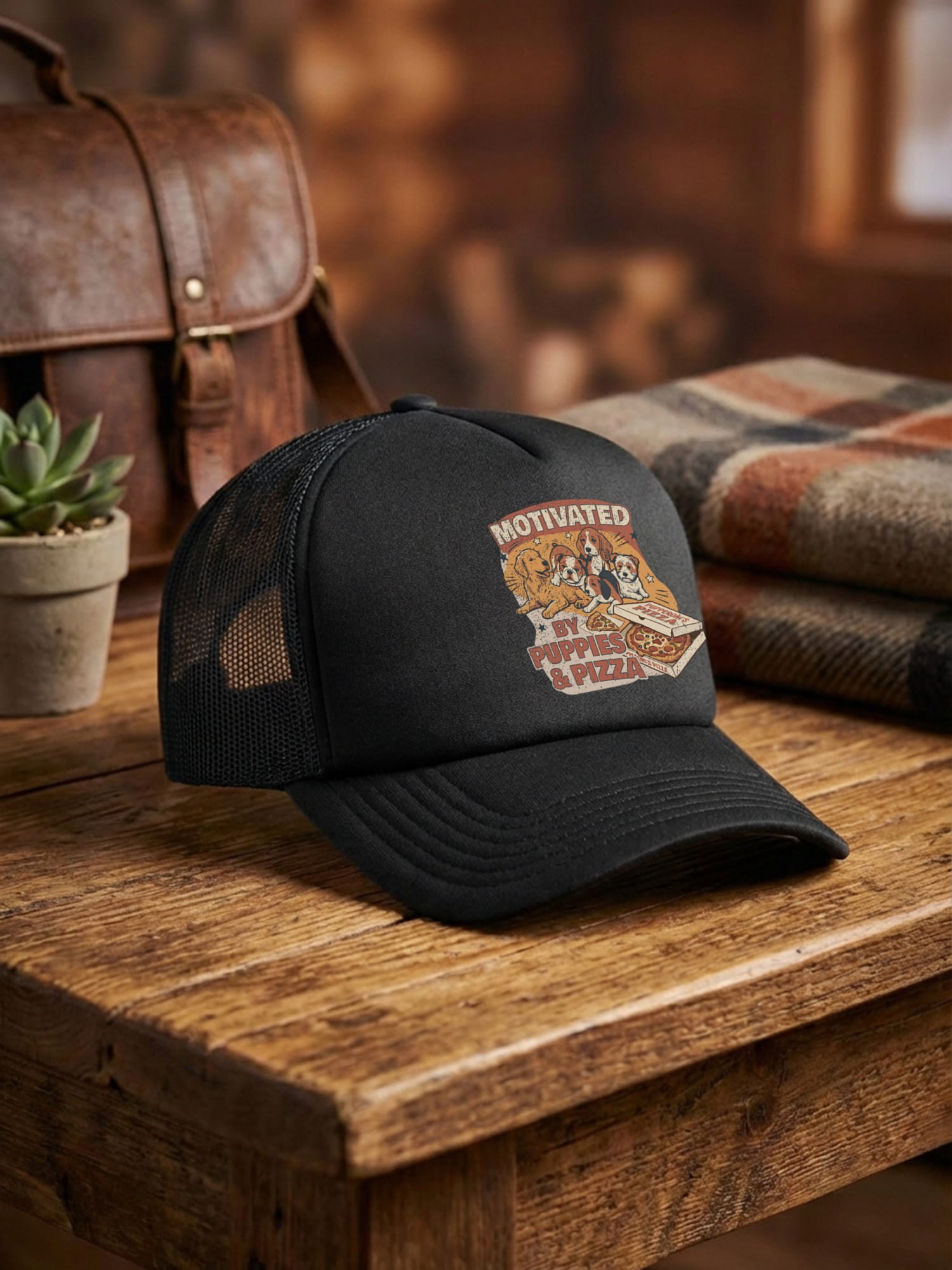 Motivated By Puppies & Pizza Foam Trucker Cap