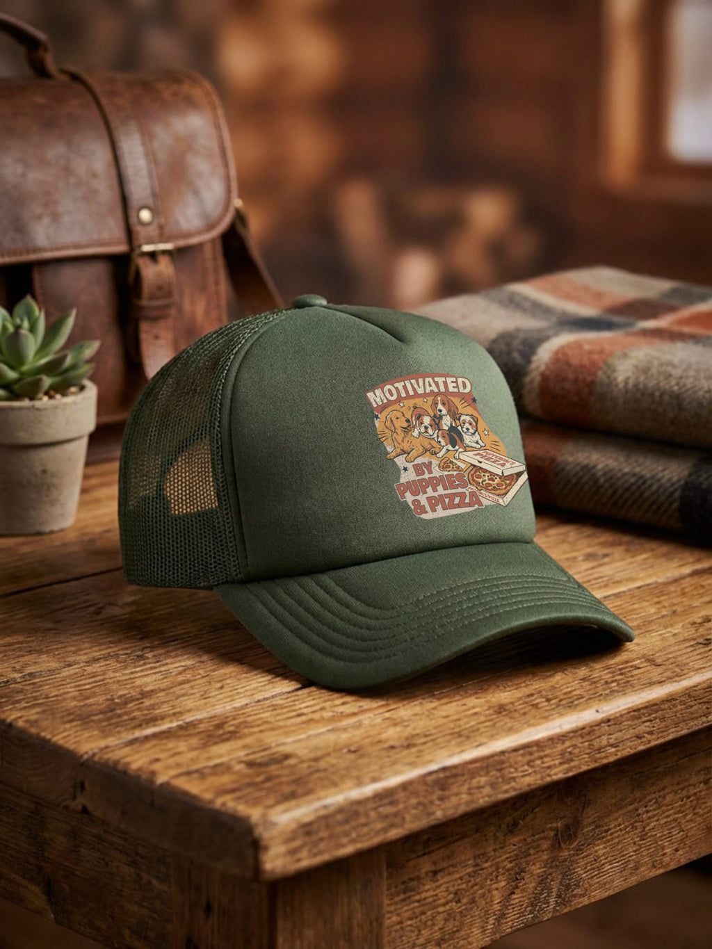 Motivated By Puppies & Pizza Foam Trucker Cap