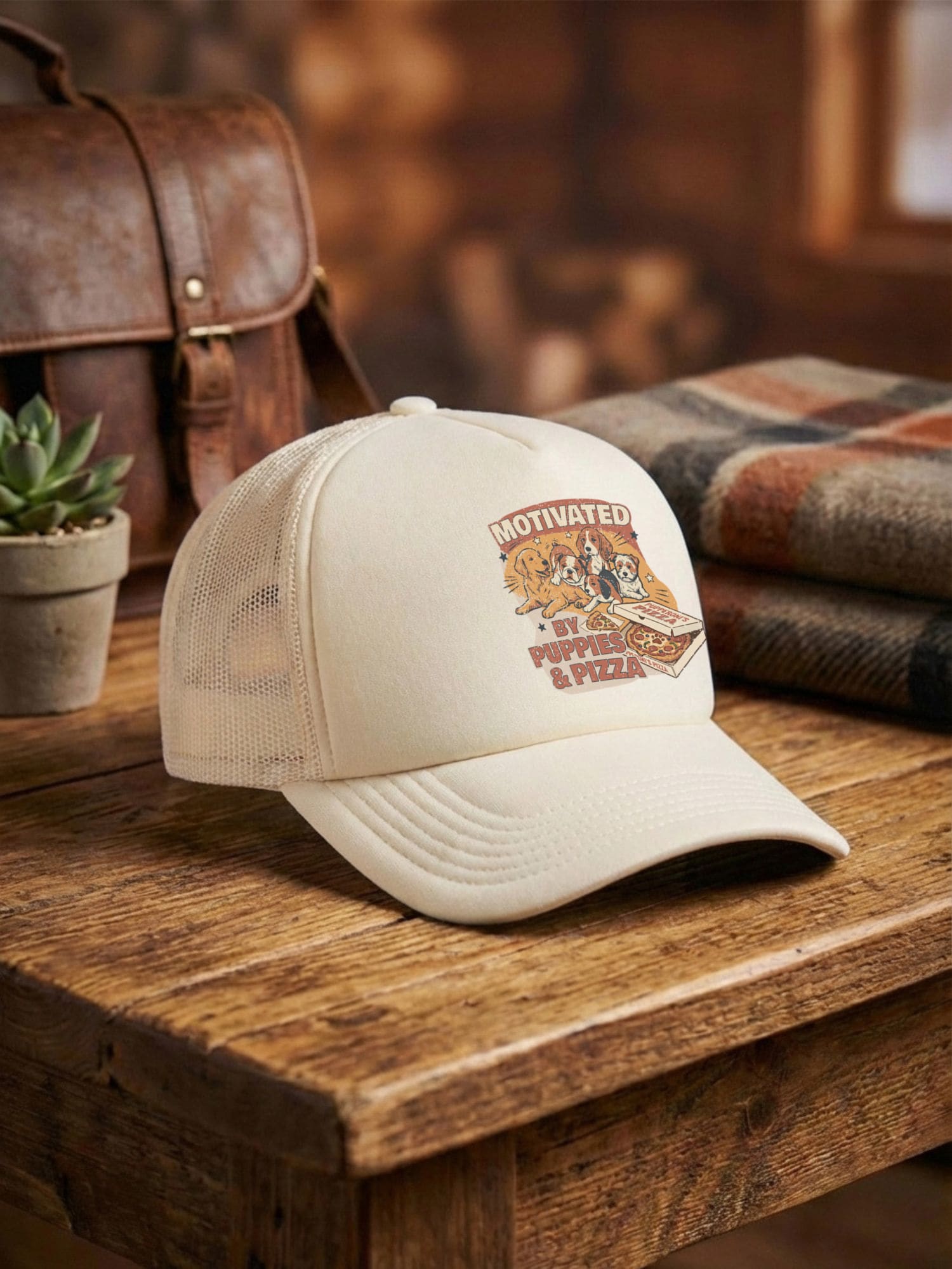 Motivated By Puppies & Pizza Foam Trucker Cap