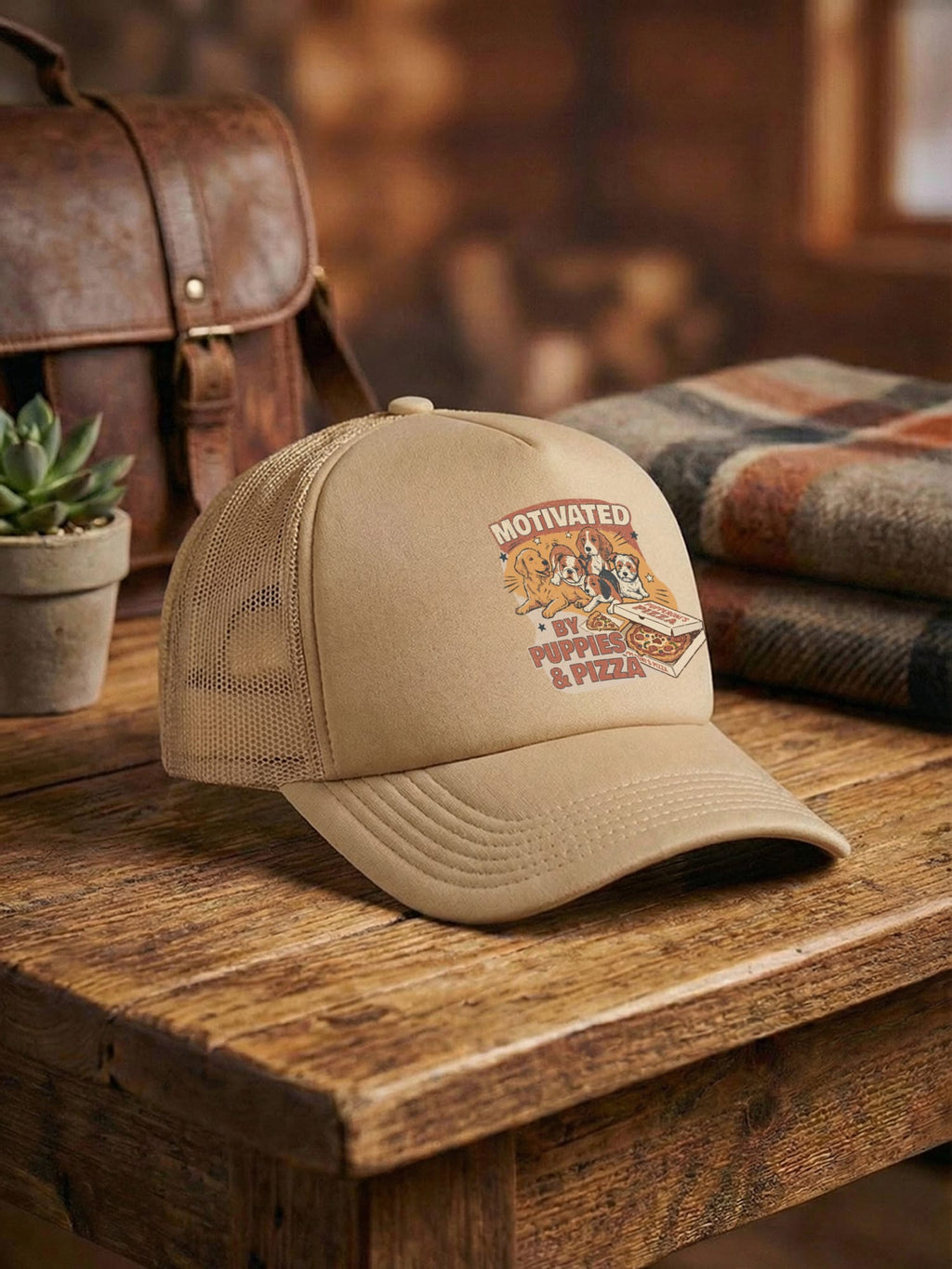 Motivated By Puppies & Pizza Foam Trucker Cap