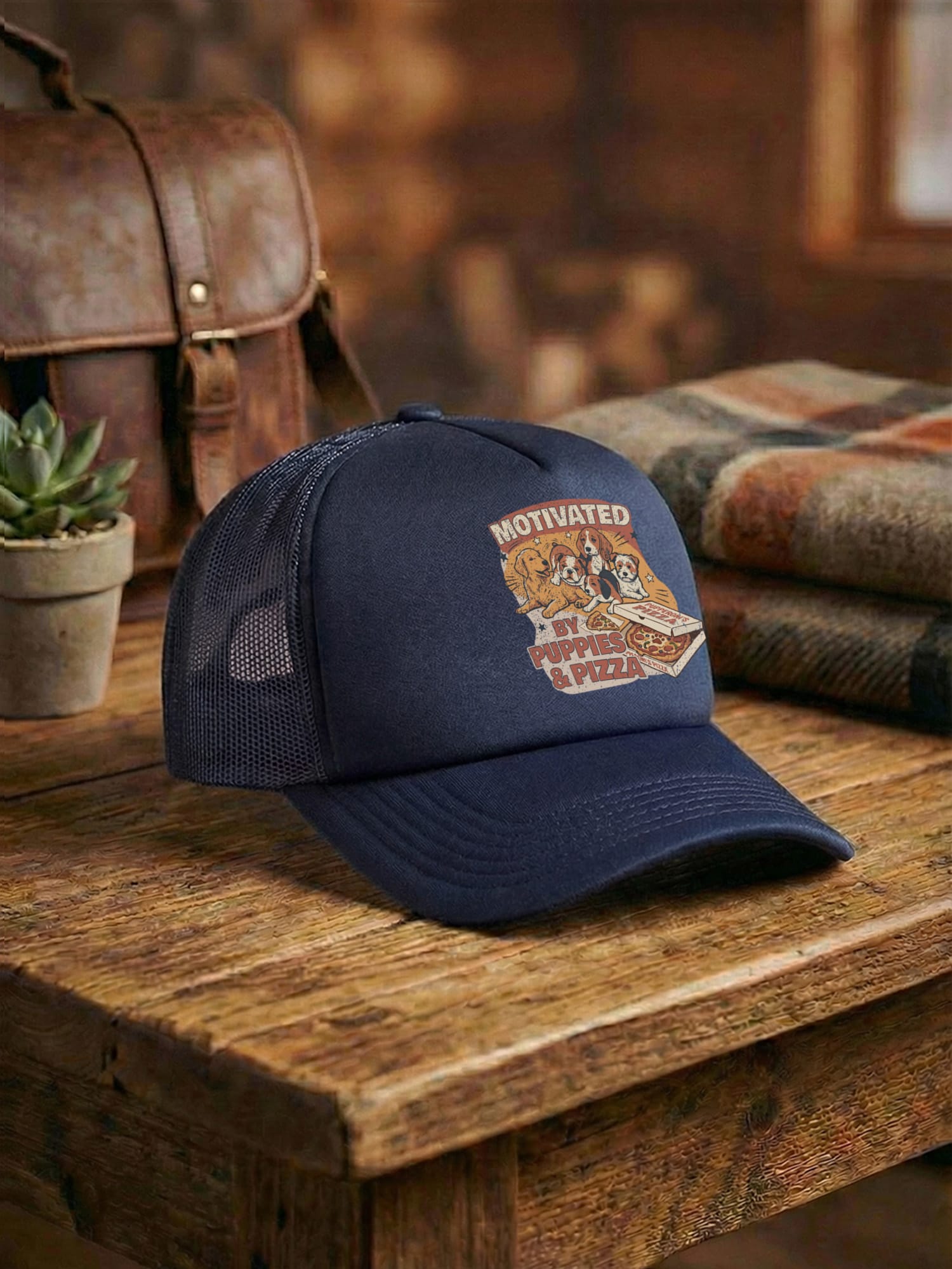 Motivated By Puppies & Pizza Foam Trucker Cap
