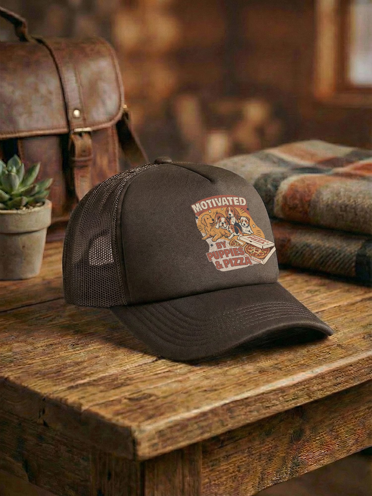Motivated By Puppies & Pizza Foam Trucker Cap