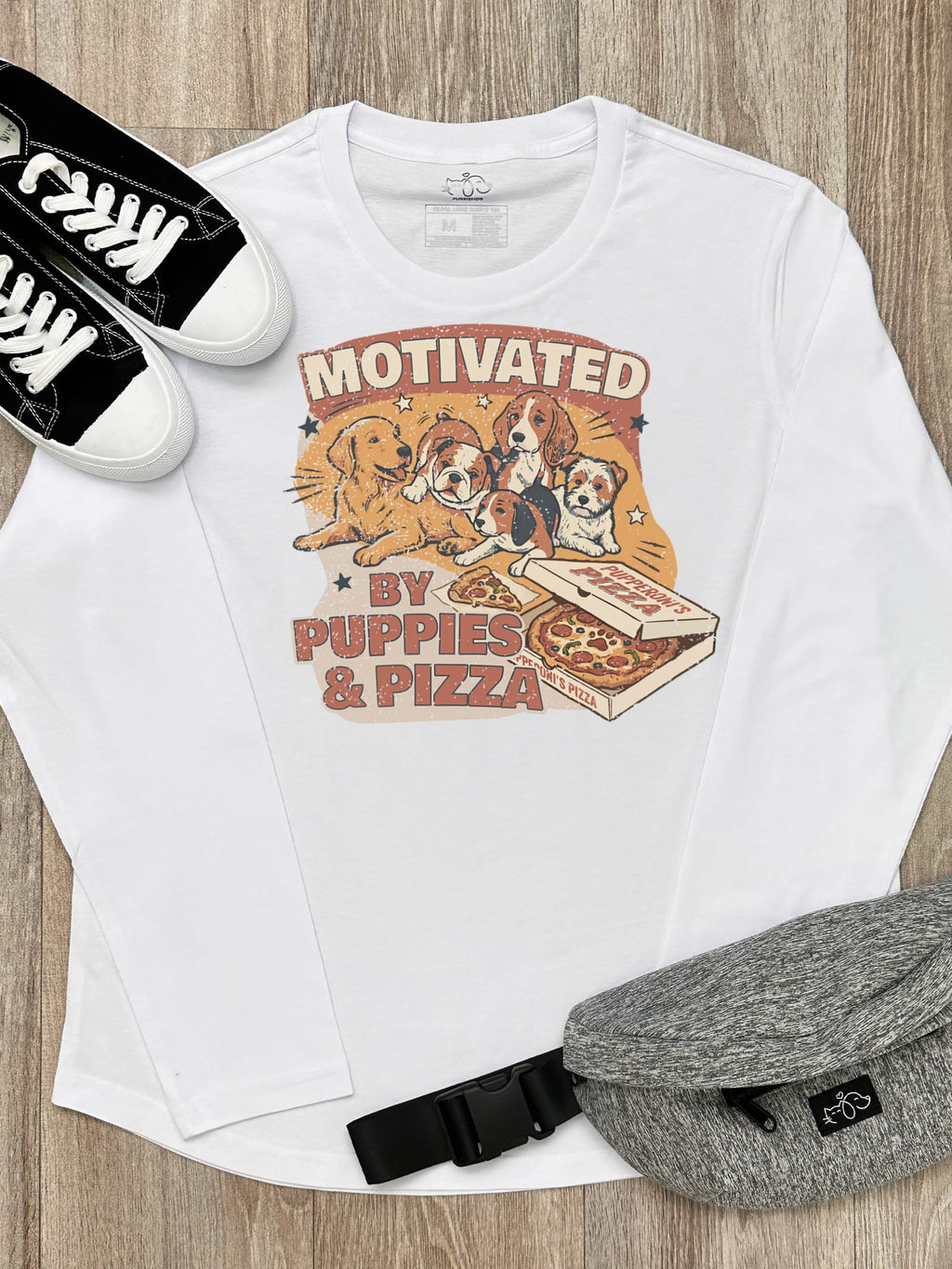 Motivated By Puppies & Pizza Olivia Women's Long Sleeve Tee