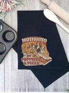 Motivated By Puppies & Pizza Tea Towel