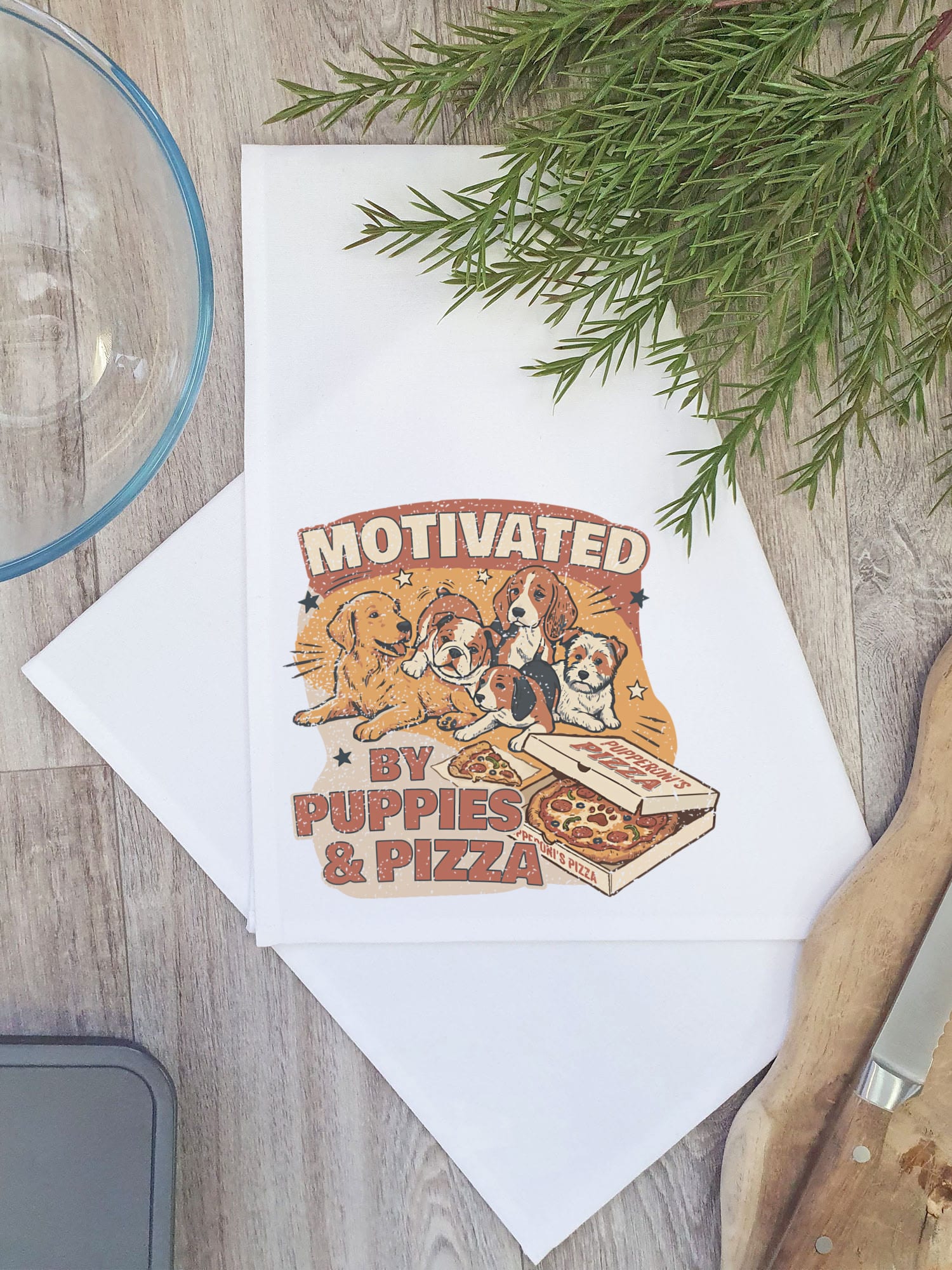 Motivated By Puppies & Pizza Tea Towel