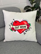 Cat Mum Heart Tattoo Linen Cushion Cover