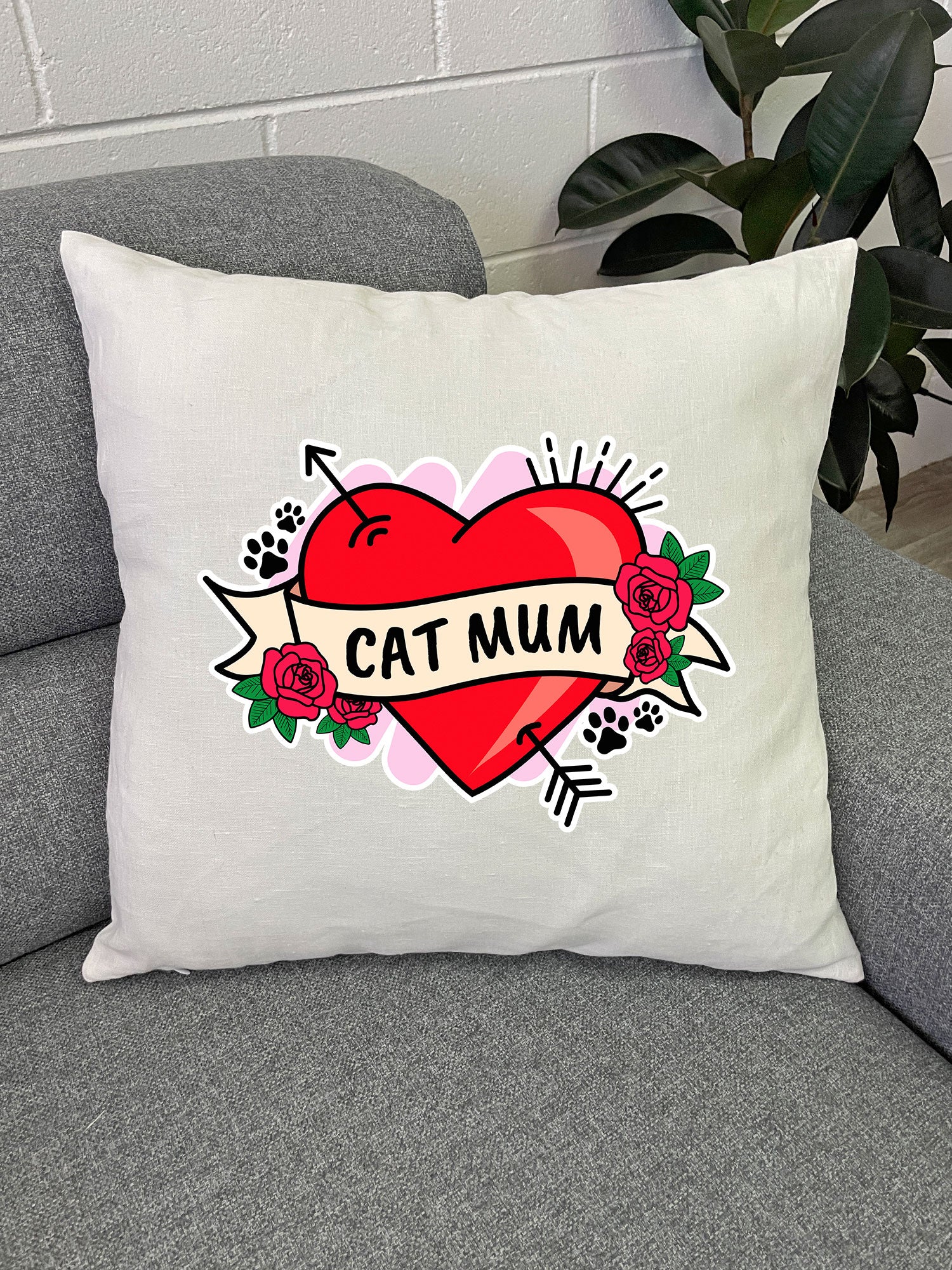 Cat Mum Heart Tattoo Linen Cushion Cover