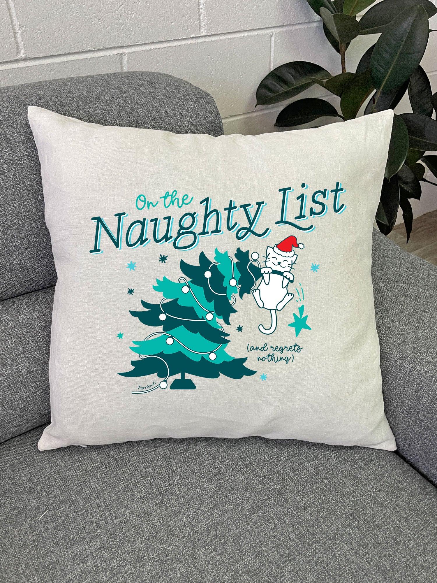 On The Naughty List - Cat Linen Cushion Cover