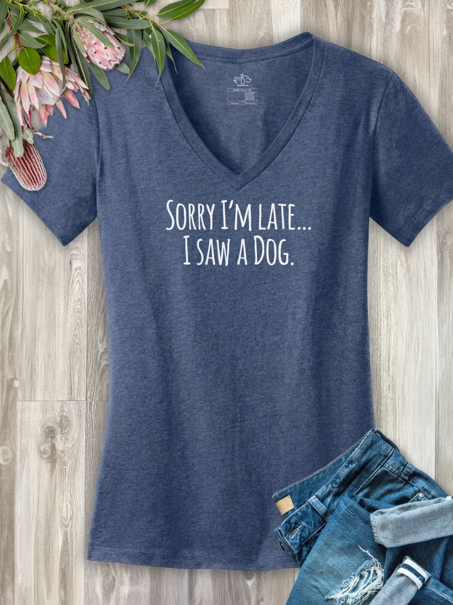 Sorry I'm Late, I Saw A Dog (Text)  Emma Women's V-Neck Tee
