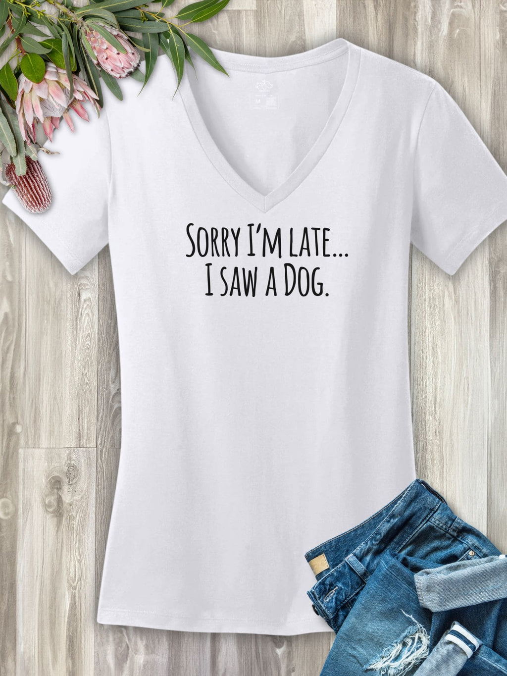 Sorry I'm Late, I Saw A Dog (Text)  Emma Women's V-Neck Tee