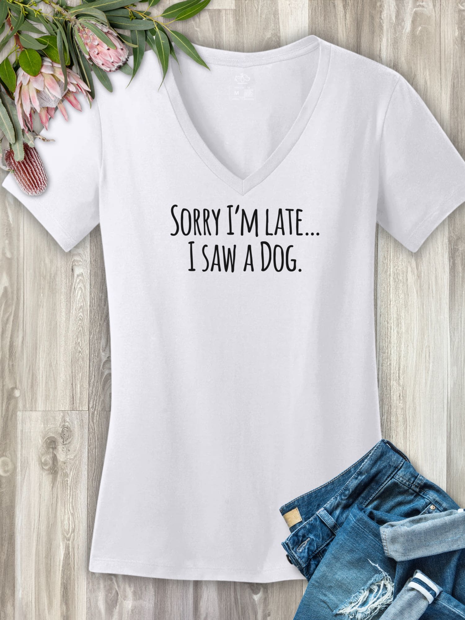 Sorry I'm Late, I Saw A Dog (Text)  Emma Women's V-Neck Tee