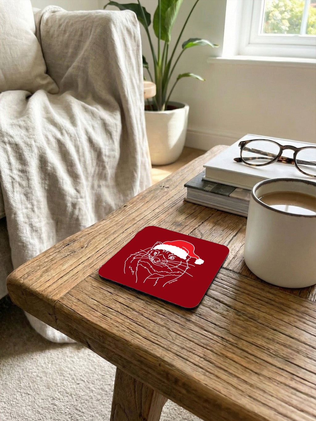 Tasmanian Devil Christmas Edition Red coaster in a coffee scene