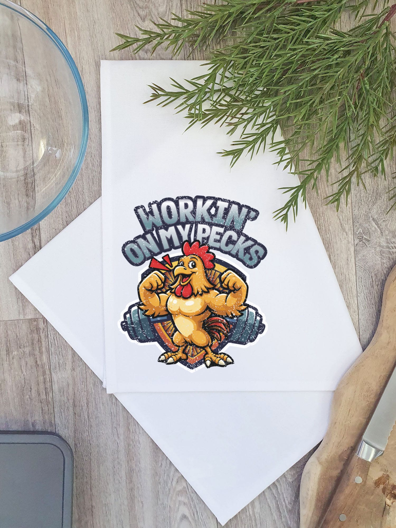 Workin On My Pecks Tea Towel