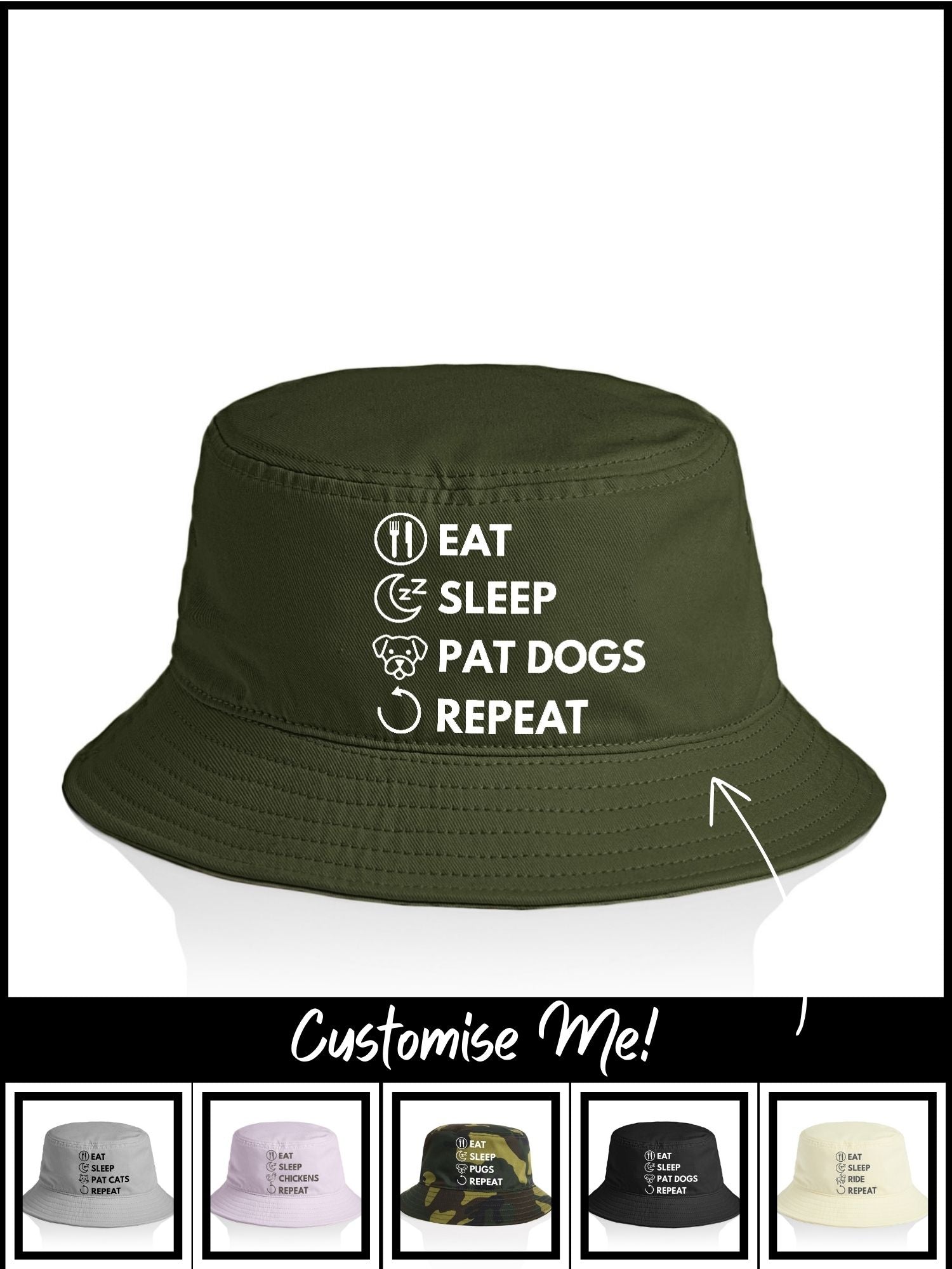 Eat. Sleep. Repeat. Bucket Hat (Customisable)