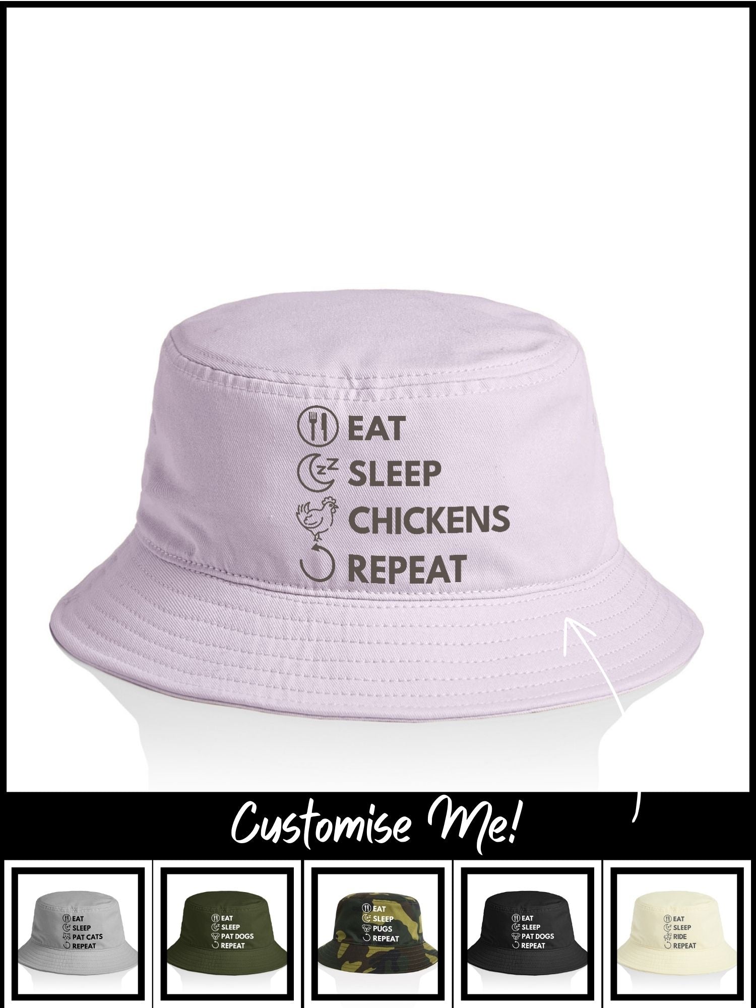 Eat. Sleep. Repeat. Bucket Hat (Customisable)