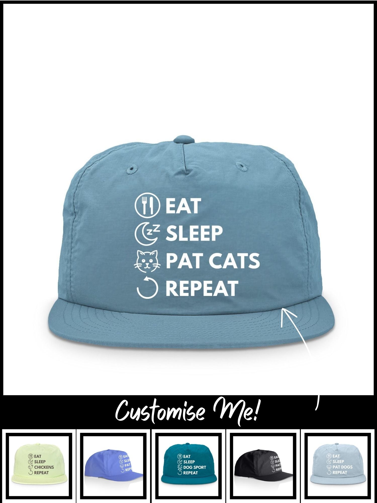Eat. Sleep. Repeat. Quick-Dry Cap (Customisable)