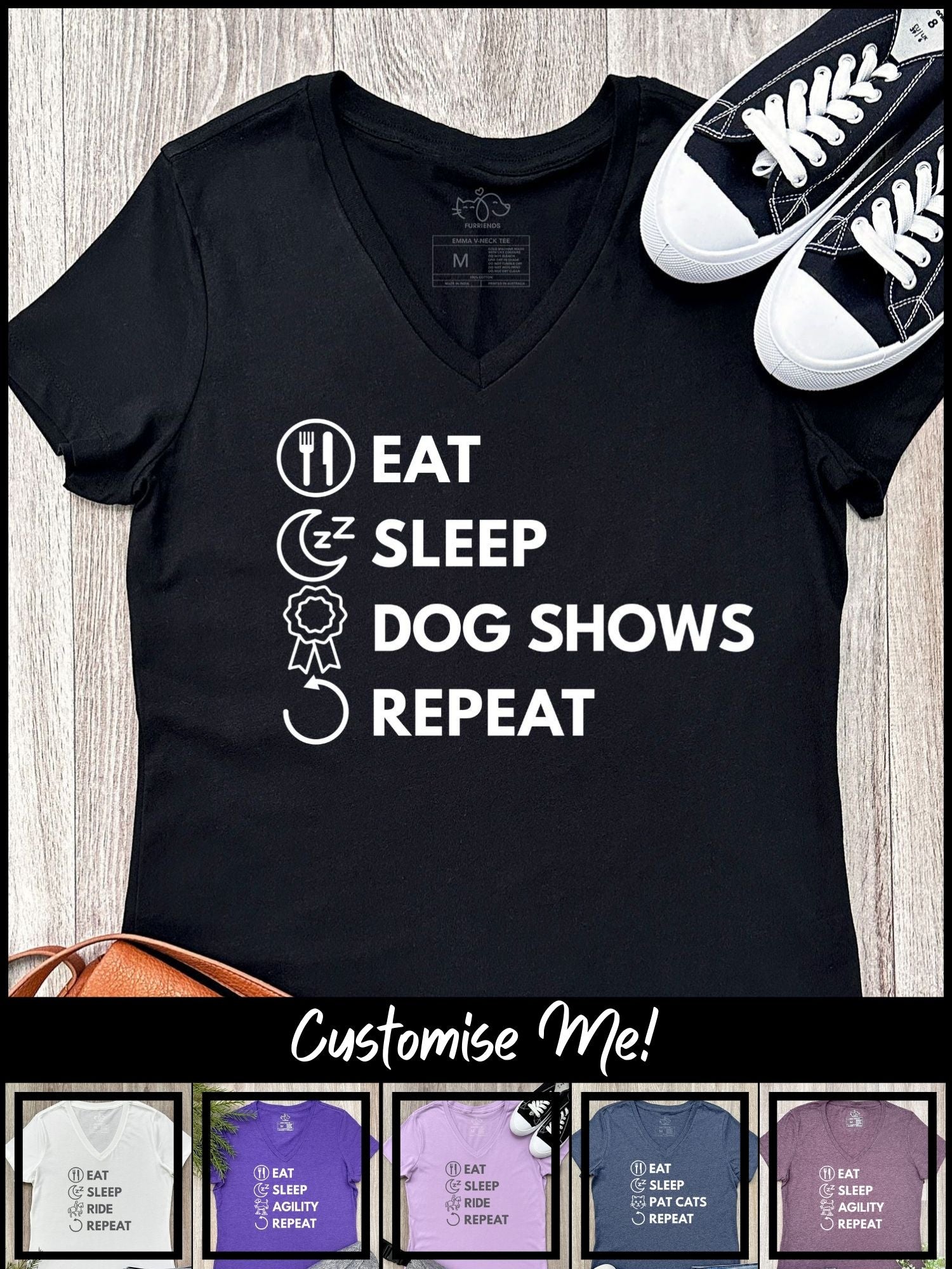 Eat. Sleep. Repeat. Emma V-Neck Tee (Customisable)
