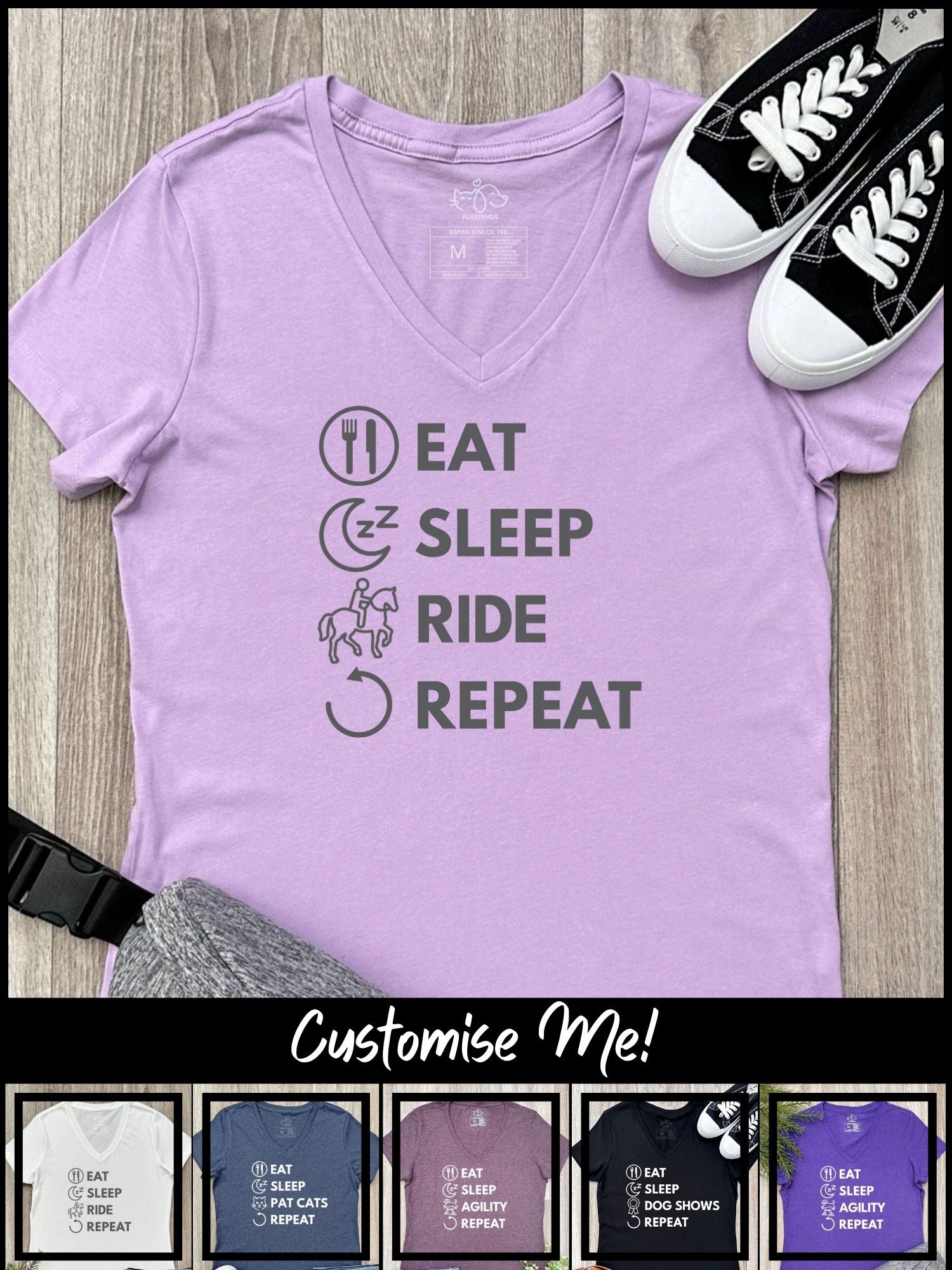 Eat. Sleep. Repeat. Emma V-Neck Tee (Customisable)