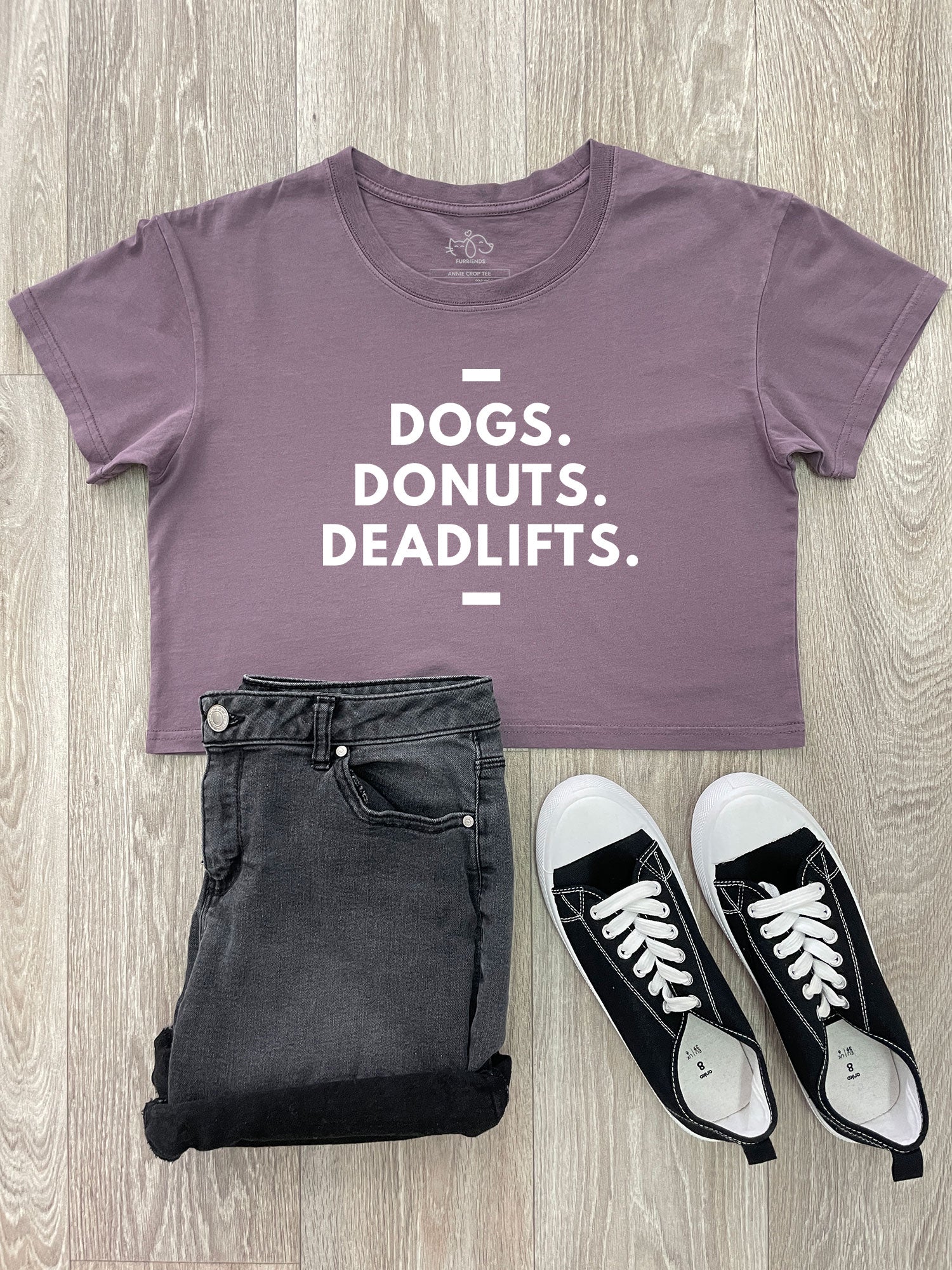 Dogs. Donuts. Deadlifts. Annie Crop Tee