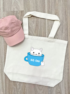 Kit-Tea Cat Cotton Canvas Shoulder Tote Bag
