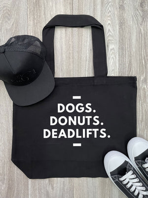 Dogs. Donuts. Deadlifts. Cotton Canvas Shoulder Tote Bag