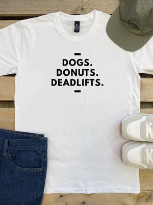 Dogs. Donuts. Deadlifts. Essential Unisex Tee