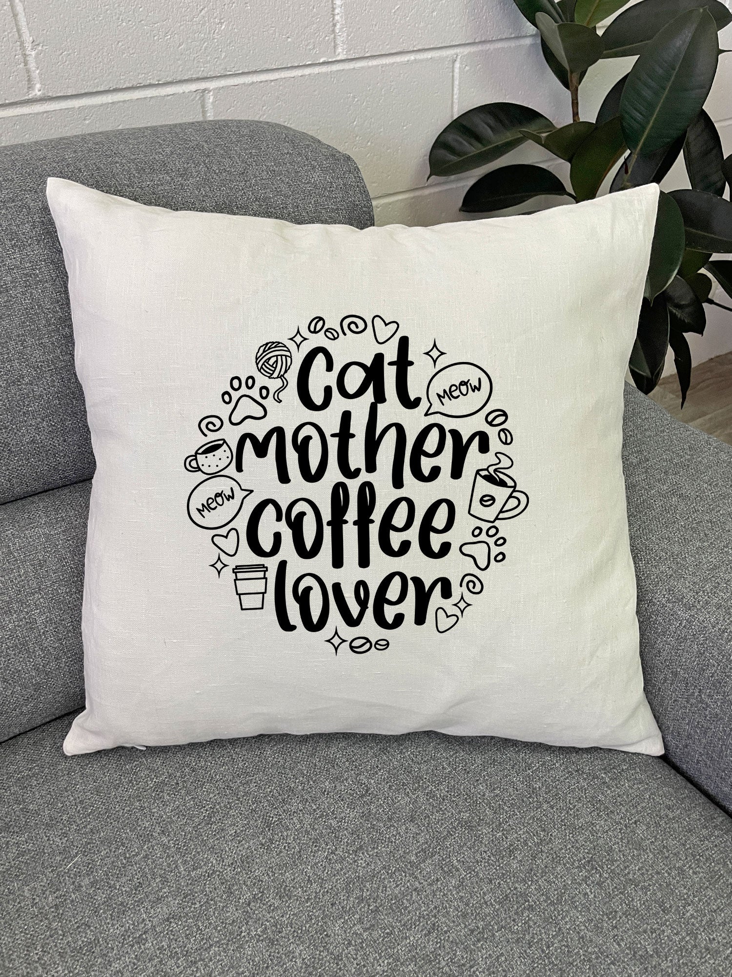 Cat Mother Coffee Lover Linen Cushion Cover