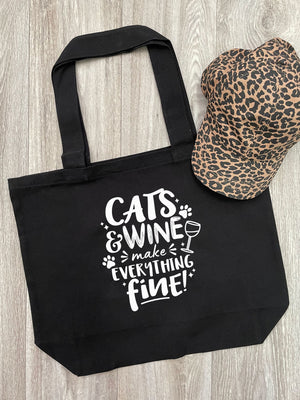 Cats & Wine Make Everything Fine Cotton Canvas Shoulder Tote Bag
