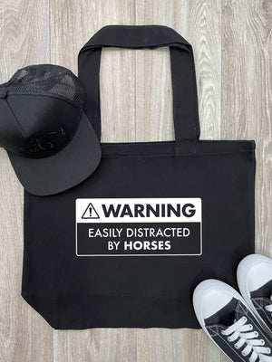 Warning Sign! Easily Distracted By Horses Cotton Canvas Shoulder Tote Bag