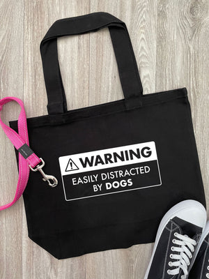 Warning Sign! Easily Distracted By Dogs Cotton Canvas Shoulder Tote Bag