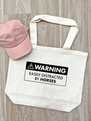 Warning Sign! Easily Distracted By Horses Cotton Canvas Shoulder Tote Bag