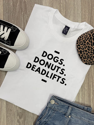 Dogs. Donuts. Deadlifts. Ava Women's Regular Fit Tee